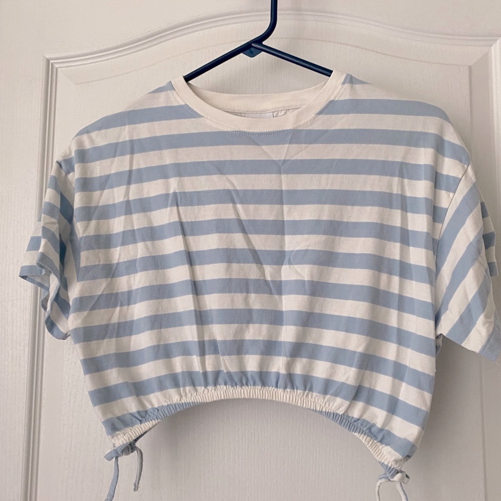 Zara Light Blue and White Striped Crop Tee